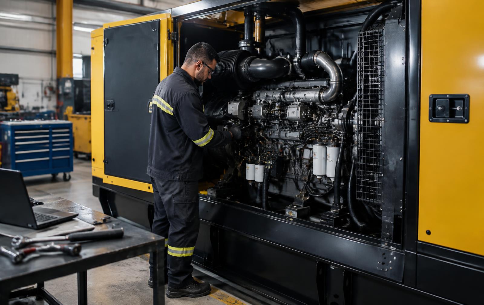 Técnico realizando manutenção em grupo gerador